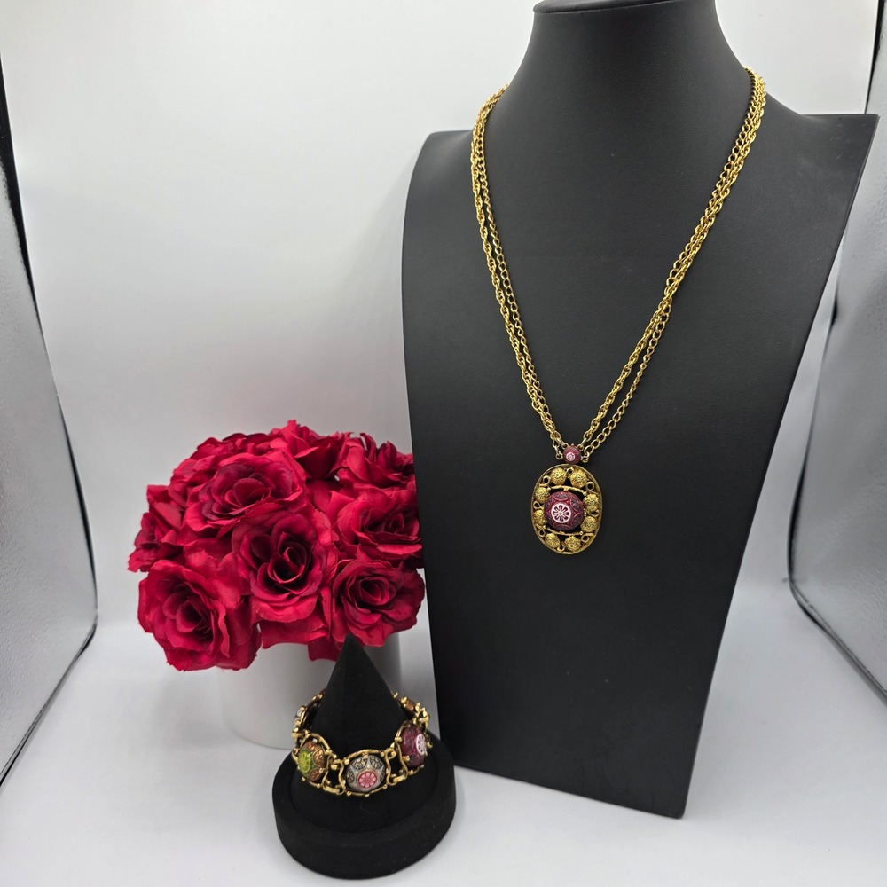 Celebrity NY Vintage Gold‎ Tone Floral Glass Cabochon Necklace Bracelet Set